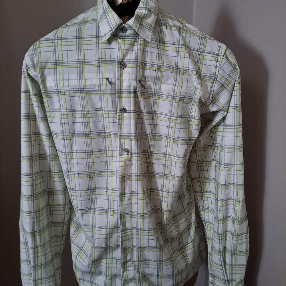 Salewa Mens Light Green Plaid Button-Up Shirt Sz L Invisible Breast Pockets